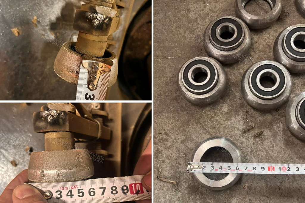Russian client measuring dimensions of worn original bumper car bearings and metal fittings to match compatible Hooplo Rides replacement spare parts