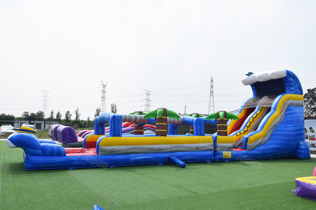 Long tropical palm tree inflatable water slide with obstacle course, commercial outdoor inflatable water playground for summer events