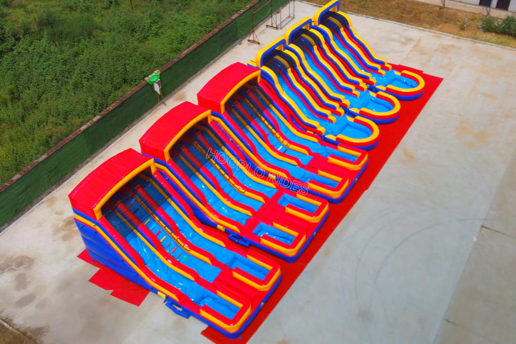 Multiple commercial inflatable water slides with double lanes, red blue yellow inflatable water slides for rental business wholesale