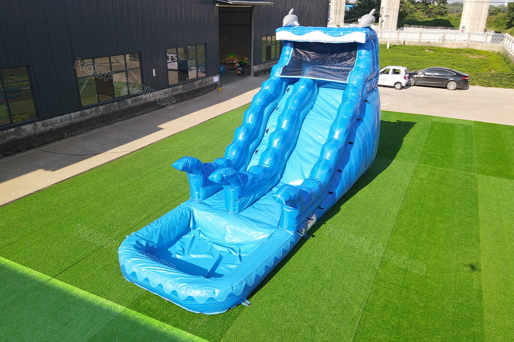 Blue ocean wave dolphin theme inflatable water slide, single lane commercial inflatable water slide with deep splash pool