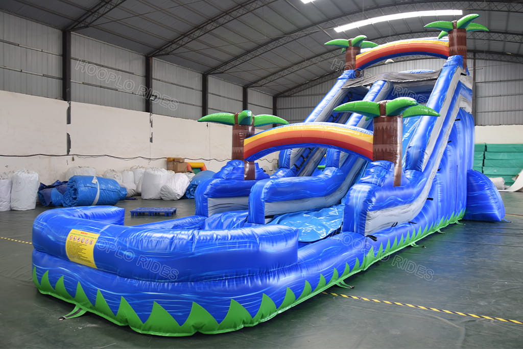 Tropical palm tree rainbow arch inflatable double lane water slide, ocean theme commercial inflatable water slide for outdoor park