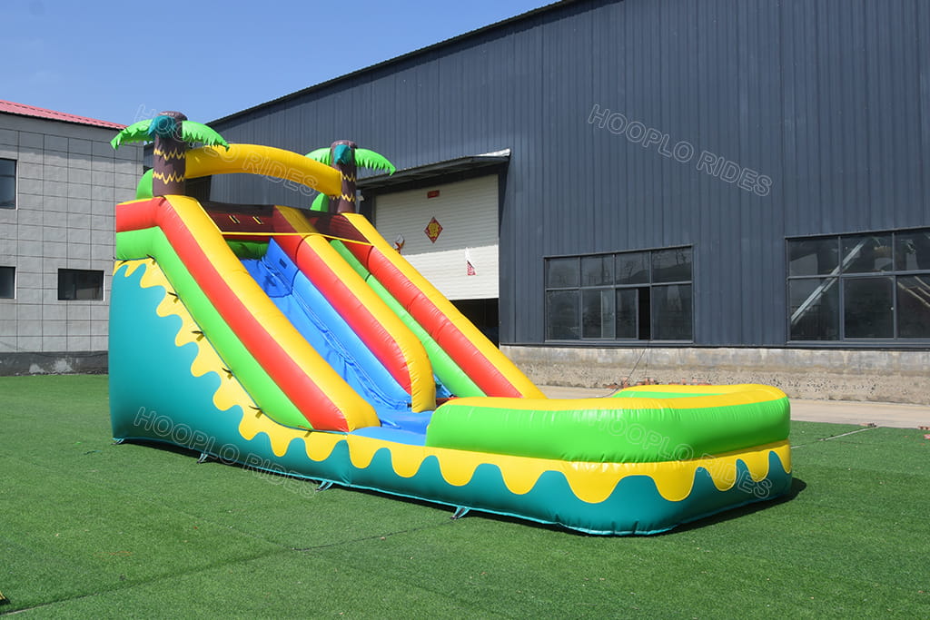 Tropical palm tree double lane inflatable water slide, heavy duty PVC inflatable water slide for park and rental business